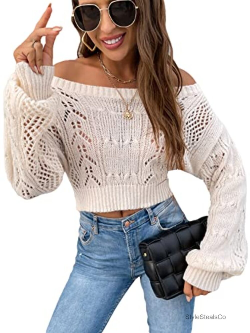 Off Shoulder Bishop Sleeve Pointelle Knit Sweater Crop Top